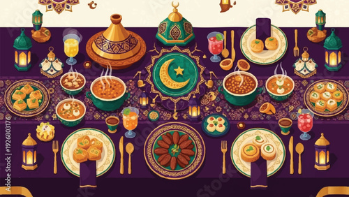 Festive Ramadan table setting with traditional food, decorations, and lanterns in a vibrant, celebratory atmosphere viewed from above