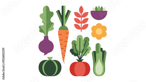 Assorted Fresh Vegetables and Fruits Flat Vector Illustration, Healthy Eating Concept, Isolated on White Background, Graphic Design Elements for Food and Diet Content