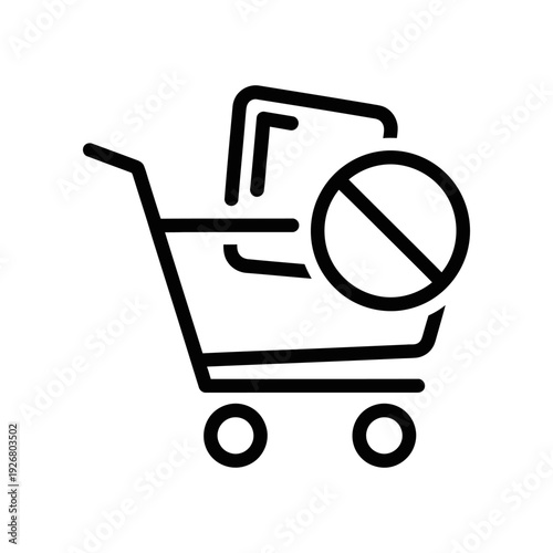A simple black icon of a shopping cart containing a document with a prohibition symbol overlaid, on a clean white background.