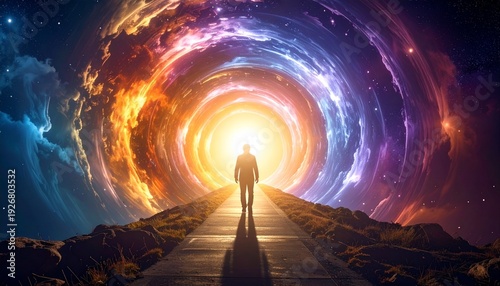 Man walking towards a bright light in a cosmic vortex portal gateway to the unknown