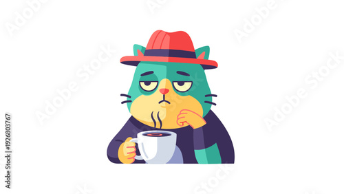 Bored Cat in Hat Holding Coffee Cup Vector Illustration, Tired Animal Character with Mug, Relaxed Mood Graphic for Lifestyle and Cafe Themes