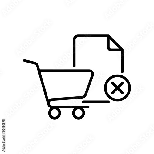 Minimalist black and white vector illustration of a shopping cart with a prohibition sign, ideal for retail, e-commerce, and business design projects.