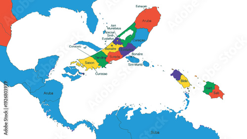 Caribbean Islands Political Map with Regions and Countries Labeled, Colorful Geographic Political Map of the Caribbean Archipelago, Travel and Geography Education Graphic