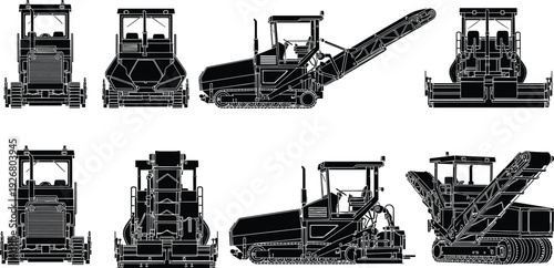 Asphalt paving machine silhouettes from multiple angles isolated on white background road construction equipment illustration set for infrastructure, engineering, and heavy industry projects