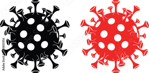 Black and red coronavirus icons isolated on white background, detailed 3D virus cell illustration symbolizing COVID-19 pandemic, infection, healthcare, medical research concept