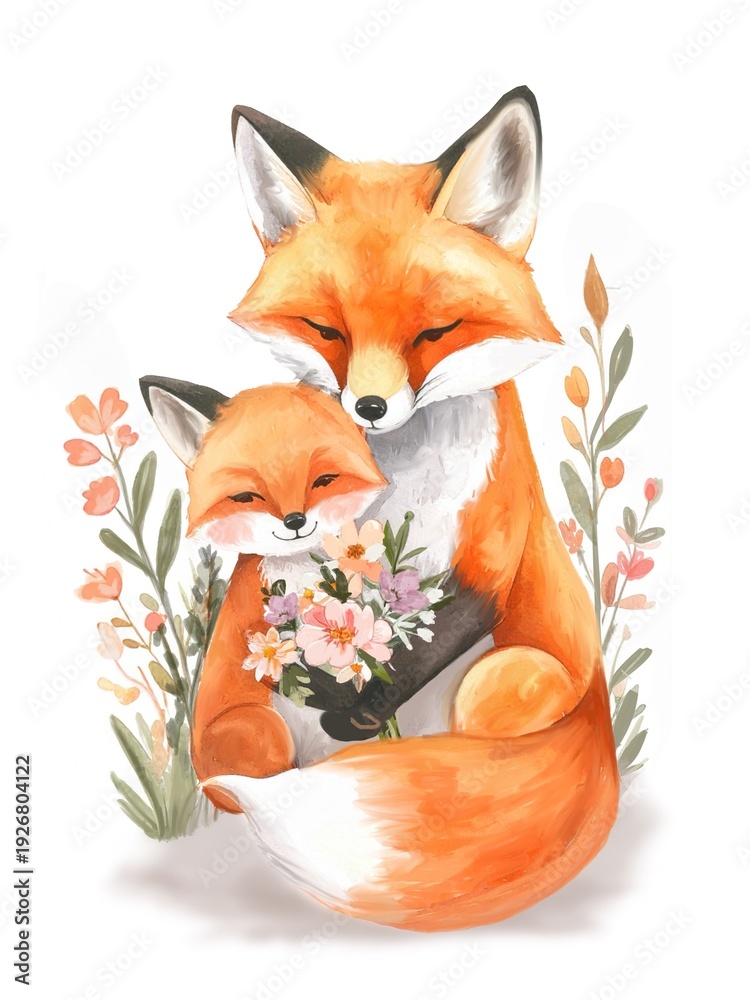 Fototapeta premium Cute watercolor fox mom with baby fox and spring flowers, nursery illustration, pastel children art