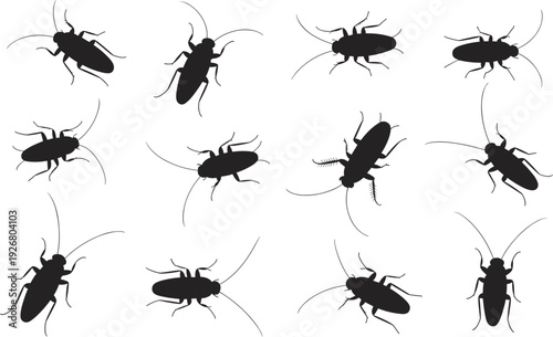 Black cockroach silhouette vector set showing multiple crawling insects isolated on white background for pest control, infestation, biology, and creepy wildlife design concepts