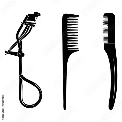 Title: Professional Eyelash Curler and Hair Stylist Comb Vector Icon Set