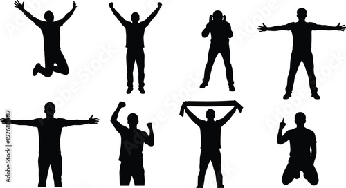 Black vector silhouette set of male sports fans celebrating victory with raised arms jumping and cheering for stadium event competition and team support branding