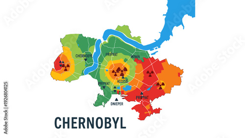 Chernobyl Exclusion Zone Radiation Map with Danger Zones and City Locations, Nuclear Disaster Concept, Environmental Warning Graphic