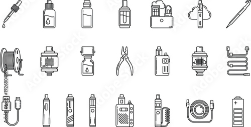 Vape Accessories Line Icon Vector Set Featuring E Cigarette Devices, Coils, Pods, Chargers, Bottles, and Maintenance Tools for Electronic Smoking Designs