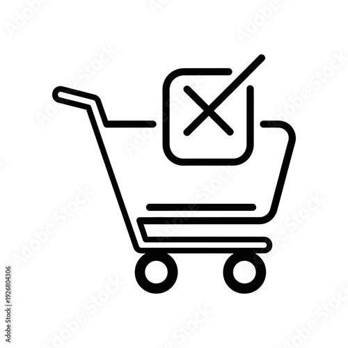 Minimalist vector illustration of a crossed-out shopping cart, symbolizing rejection, unavailability, or no purchase on a clean white background.