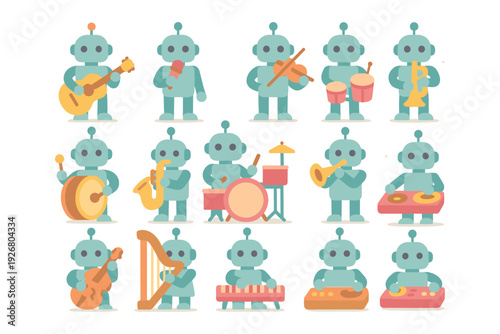 Robot musicians vector illustration for music themed design in cute flat style