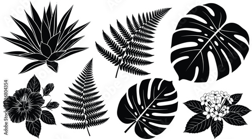 Black vector silhouette set of tropical leaves and flowers including monstera fern hibiscus and succulent for nature landscape botanical garden and floral branding design