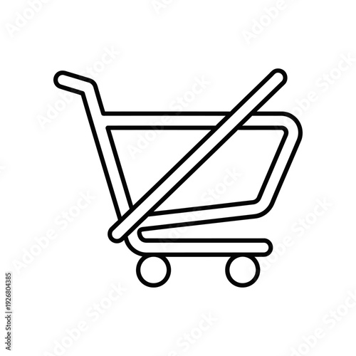 Simple line art illustration of an empty shopping cart with a cross symbol overlaid, indicating cancellation or rejection, on a clean white background.