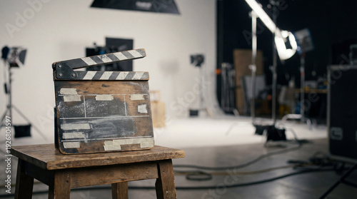 Film clapperboard on wooden stool in studio surrounded by lighting equipment and cameras. Film clapperboard stands ready for shooting in film studio environment.