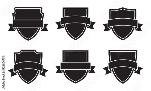 Set of black shield badge logos with ribbon banners