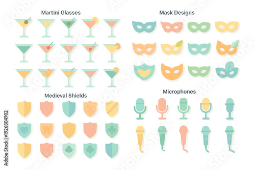 Decorative icon set vector illustration: martini glasses, masks, shields, microphones for design projects
