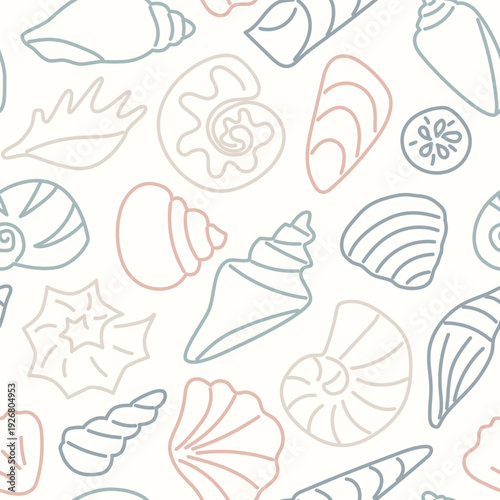 Summer coastal wallpaper. Ocean doodle shell background. Outline marine vector textile art. Minimalistic seashell seamless pattern. Travel vacation season illustration