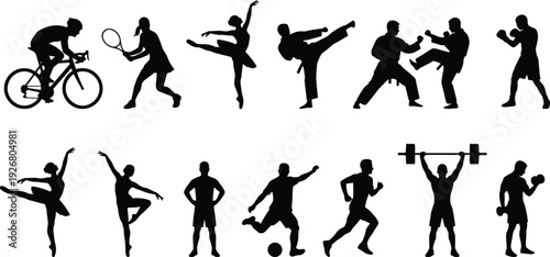 Sports and fitness silhouette collection featuring athletes performing cycling, tennis, martial arts, running, dancing and weightlifting activities isolated on white background