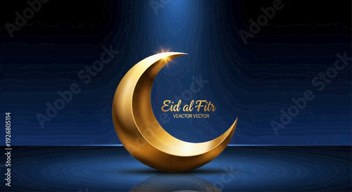 Corporate Eid al-Fitr vector design featuring monumental 3D-style golden crescent sculpture in center stage composition
