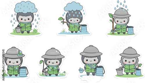 Cute cartoon character illustrations depicting different stages of monsoon seasons