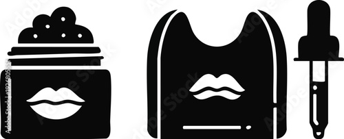 Title: Lip Care Product Icons: Lip Scrub Jar, Balm Tube, and Treatment Serum Dropper