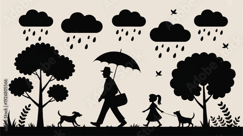 Silhouette of a man and a girl walking in the rain with dogs and trees