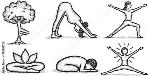 Collection of essential yoga poses and symbolic meditation graphic elements