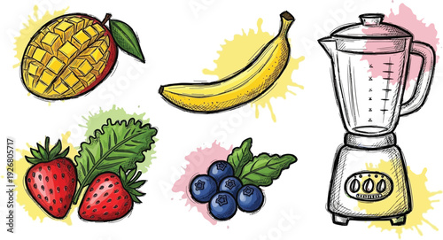 Sketch vector graphic ingredients collection for healthy fruit smoothies