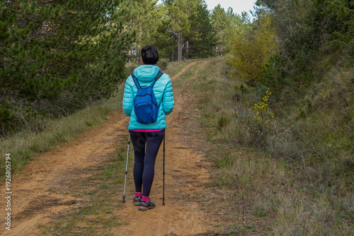 Photos Woman walking along a lonely forest trail.