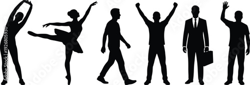 People silhouette collection featuring dancer, walking man, businessman and celebrating figures expressing lifestyle movement and success isolated on white background