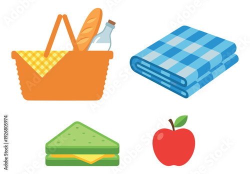 Modern flat illustration set featuring a picnic basket, blanket, sandwich and apple for outdoor leisure