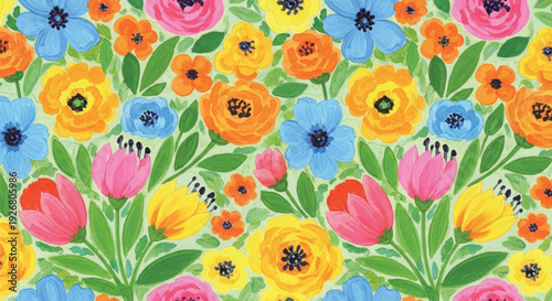 A lively and colorful seamless pattern featuring various blooming flowers like tulips and poppies amidst lush green foliage.