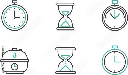 Collection of six vector icons representing time measurement and control devices