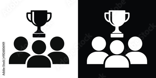 Group of people with a trophy cup icon above. Represents team success, winning culture, corporate rewards, collective victory, and reaching milestones together as a unit.