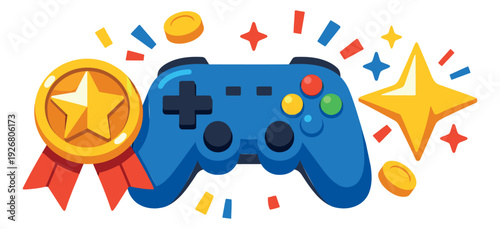 Modern digital gaming achievement set featuring a video game controller, gold medal, and star for online esports