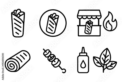 Icon set of linear kebab elements featuring skewer, wrap, sauce, and grill symbols