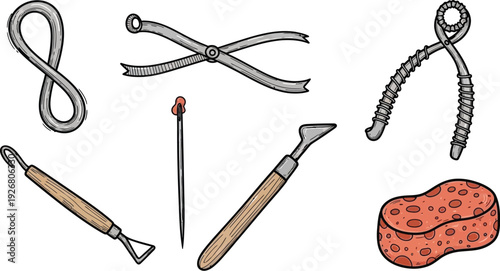 Assortment of essential pottery sculpting tools vector graphic illustration set