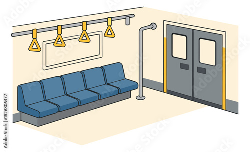 Hand drawn line art illustration of a subway car interior depicting seats and doors for public transport