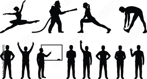 People activity silhouette collection featuring dancer, firefighter, fitness exercise and businessman poses representing profession, lifestyle and human movement isolated on white background