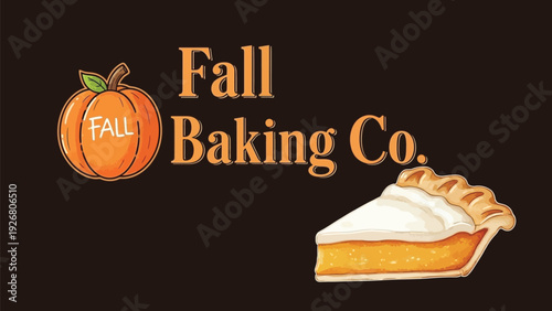 Fall Baking Co. seasonal vector graphic with pumpkin and pumpkin pie illustration.