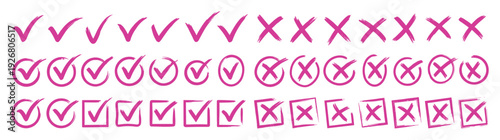 Set of Hand Drawn Pink Check Marks and Cross Symbols Vector Illustration Isolated on White Background for Business Checklist Survey Approval and Rejection Icons