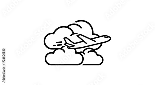 Outline icon of an airplane flying gracefully above fluffy clouds, symbolizing air travel and aviation, on isolated white background.