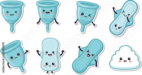Cute cartoon vector graphic collection of menstrual hygiene products