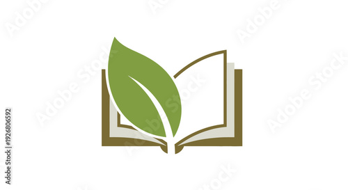 An open book with a large green leaf emerging from its pages, symbolizing nature, learning, and environmental education.