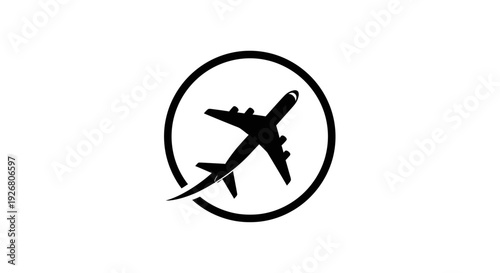 Black silhouette of an airplane flying upwards within a circular frame, symbolizing travel and aviation.