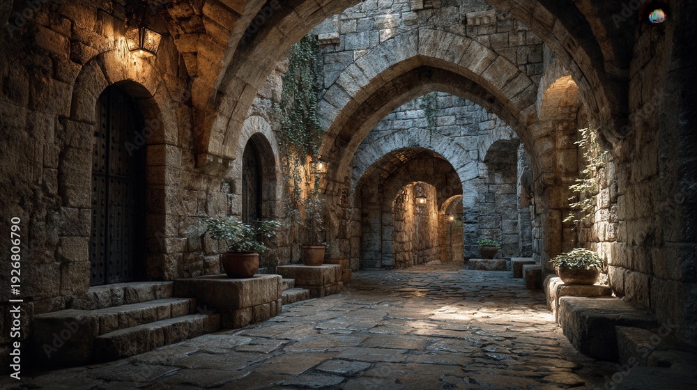 Obraz premium Atmospheric stone passageway inside a historic fortress with rough stone walls and arched openings letting natural light inside.