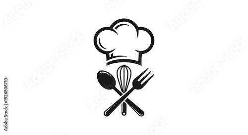 Black and white illustration of a chef's hat above crossed kitchen utensils: a spoon, a whisk, and a fork, representing cooking and culinary arts.