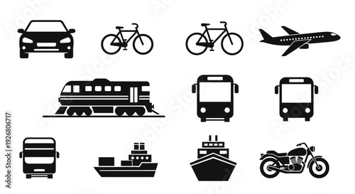 A collection of black silhouette icons representing various modes of transportation including land, air, and sea vehicles on a white background.